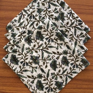 Army and Juniper Green, Peacock Blue Indian Hand Block Floral Printed Pure Cotton Cloth Napkins, Wedding Home Room Kitchen Dining Farmhouse