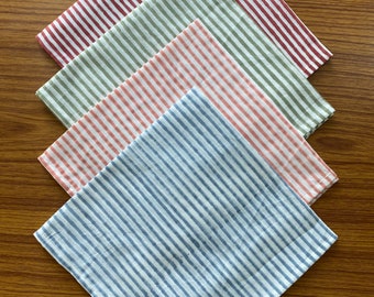 Sage Green, Salmon Pink, Stone Blue, Redwood Red Indian Hand Block Striped Printed Cotton Cloth Soft Napkins 9x9"-Cocktail, 20x20"- Dinner