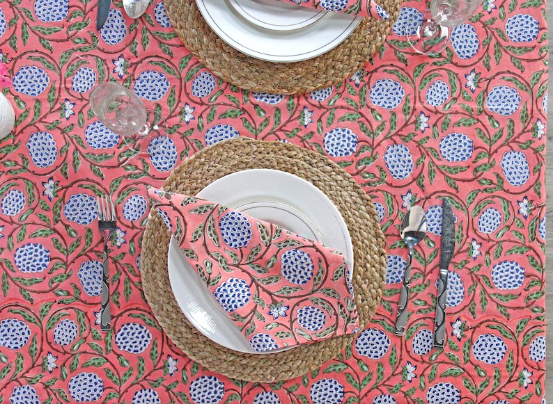 Dark Salmon Pink, Sage Green, Delft Blue Indian Hand Block Printed Tablecloth, Table Cover, Linen Set, Farmhouse Decor, Wedding Tablecloth image 9