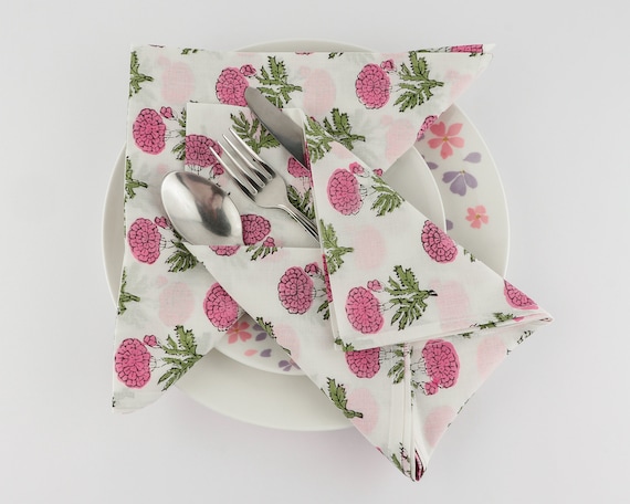 Cotton Dinner Table Napkins | Blue & White Floral Hand Block Print | Set of 6, Hand Block Printed | Fair Trade | 20 x 20 | Saffron Marigold