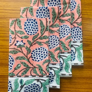 Dark Salmon Pink, Sage Green, Delft Blue Indian Hand Block Floral Print Cotton Cloth Napkins Size 20x20" Farmhouse Wedding Event Home Party