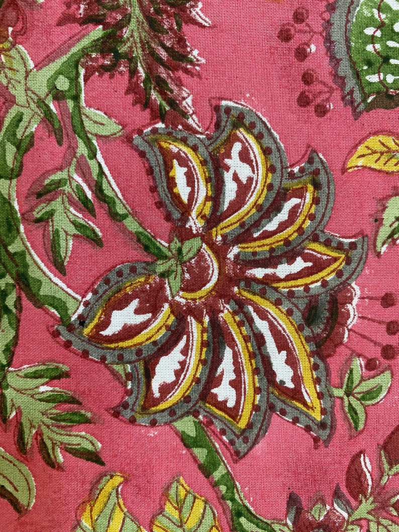 Coral Pink Forest Green Table Cover Floral Design Hand Block Etsy