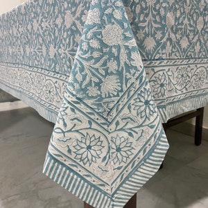 Teal Grey and White Indian Hand Block Floral Printed Cotton Tablecloth with Border design, Table cover, Table Linen for Wedding Events Home
