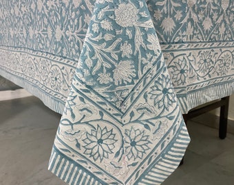 Blauwgroen grijs en wit Indiaas handblok bloemen bedrukt katoenen tafelkleed met randontwerp, tafelkleed, tafellinnen voor bruiloftsevenementen thuis