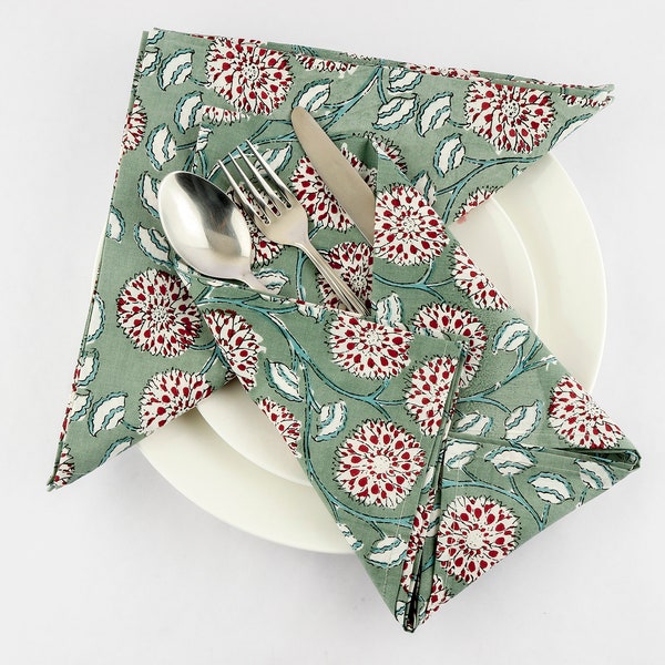 Laurel Green, Mahogany Red Indian Hand Block Block Floral Printed Pure Cotton Cloth Napkins, 9x9"- Cocktail Napkins, 20x20"- Dinner Napkins