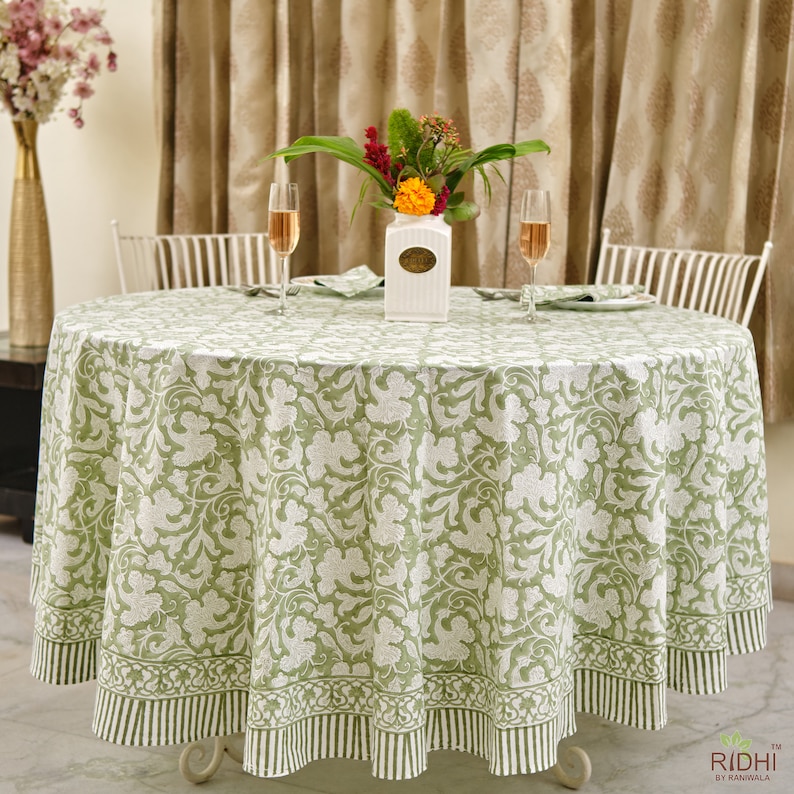 Sage Green Round Tablecloth India Block Print Floral Cotton Etsy