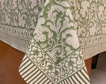 Sage Green and off White Table Cloth, Hand Block Print Table Cloth, Block Print Cotton Table Cover, Dinning Table Cover, Thanks Giving Table
