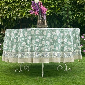 Turquoise Green, Old Moss Green Indian Hand Block Floral Print Cotton Cloth Round Tablecloth for Home Decor Party Wedding Farmhouse Outdoor