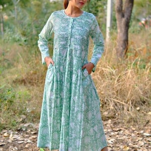 Mint Green and White Indian Block Printed Top, Long Tunic With Pockets, Bridesmaids dress, Pleated Top, Lightweight Summer Dress