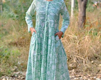 Mint Green and White Indian Block Printed Top, Long Tunic With Pockets, Bridesmaids dress, Pleated Top, Lightweight Summer Dress