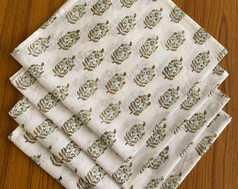 Mint, Olive Green Indian Hand Block Floral Printed Cotton Cloth Napkins Wedding Home Room Garden School Outdoor Restaurant Personalized Gift