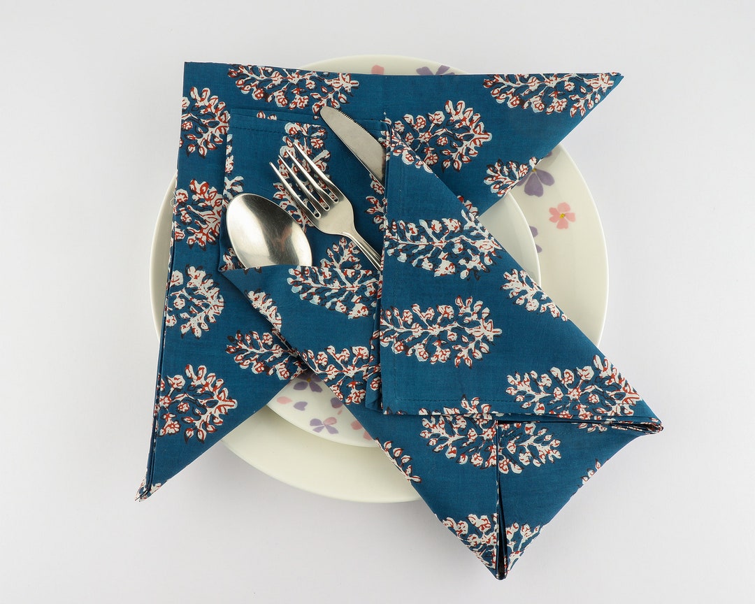 Prussian Blue, Red and White Indian Floral Printed Cotton Cloth Napkins ...