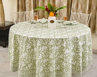 Sage Green Round Tablecloth, Indian Floral Block Printed Cotton Cloth Table cover, Party Wedding Home Decor Event Farmhouse Table Linen Home
