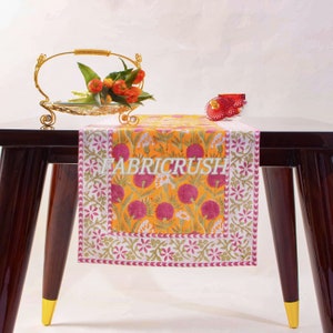 Tangerine Orange and Bubblegum Pink Indian Floral Printed 100% Pure Cotton Cloth Table Runners Border Design, Fall Table Runner Orange Decor