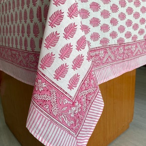 Taffy Pink Indian Hand Block Leaf Print 100% Pure Cotton Tablecloth, Table Cover for Wedding Home Party Event Restaurant Picnic Housewarming
