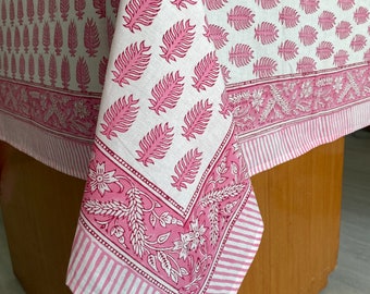 Taffy Pink Indian Hand Block Leaf Print 100% Pure Cotton Tablecloth, Table Cover for Wedding Home Party Event Restaurant Picnic Housewarming