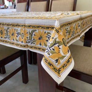 Indian Yellow, Moss Green, Celadon Green Indian Hand Block Printed Floral Tablecloth, Table Cover for Wedding Home Event Outdoor Garden Gift