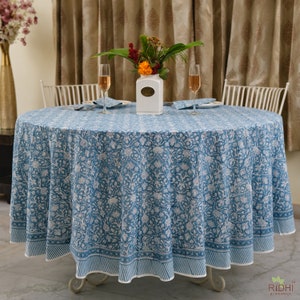 Turquoise Blue Floral Indian Hand Block Printed Pure Cotton Cloth Tablecloth, Dining Table Cover, Home Decor, 60", 90", 110", 120", 132"