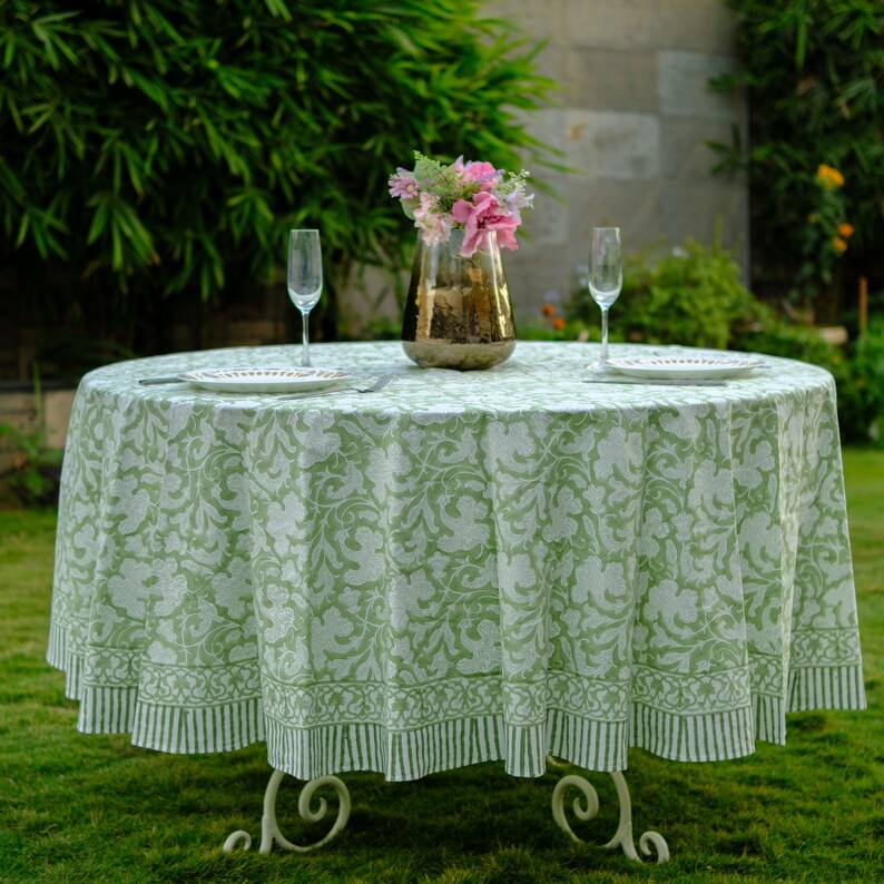 Sage Green Round Tablecloth India Block Print Floral Cotton Etsy