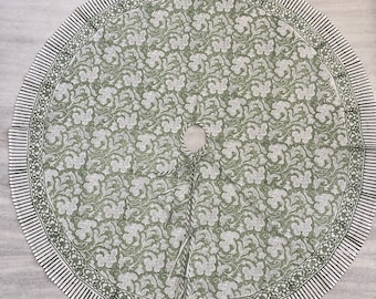 Sage Green and White Indian Floral Hand Block Printed Pure Cotton Cloth Christmas Tree Skirt with Border, Holiday Farmhouse Christmas Party