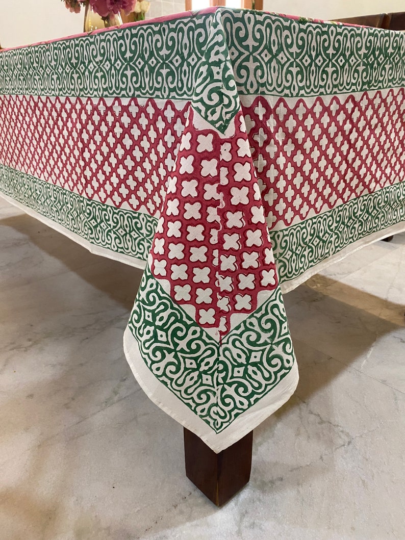 Coral Pink Forest Green Table Cover Floral Design Hand Block Etsy