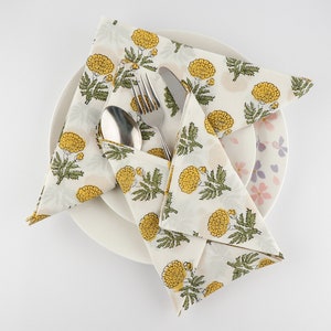 Bumblebee Yellow, Green Marigold Flower Indian Hand Block Floral Printed 100% Pure Cotton Cloth Napkins, Wedding, 9x9"Cocktail 20x20" Dinner