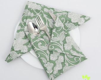 Sage Green and White Indian Floral Hand Block Print 100% Pure Cotton Cloth Napkins Wedding Home Event Gifts 9x9"- Cocktail 20x20"-dinner