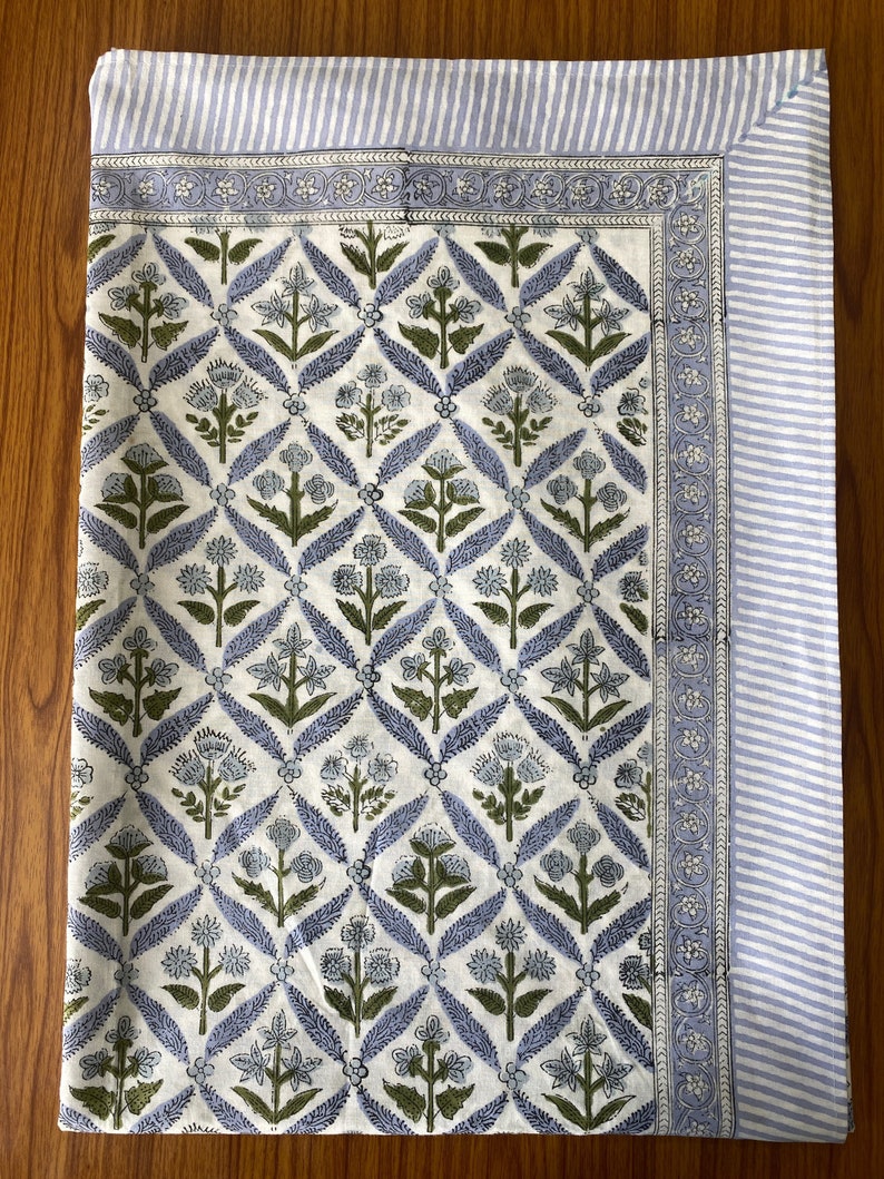 Light Steel Blue, Olive Green Hand Block Printed Cotton Tablecloth, Dining Table Cover Farmhouse Party Wedding Home Housewarming Baby Shower image 4