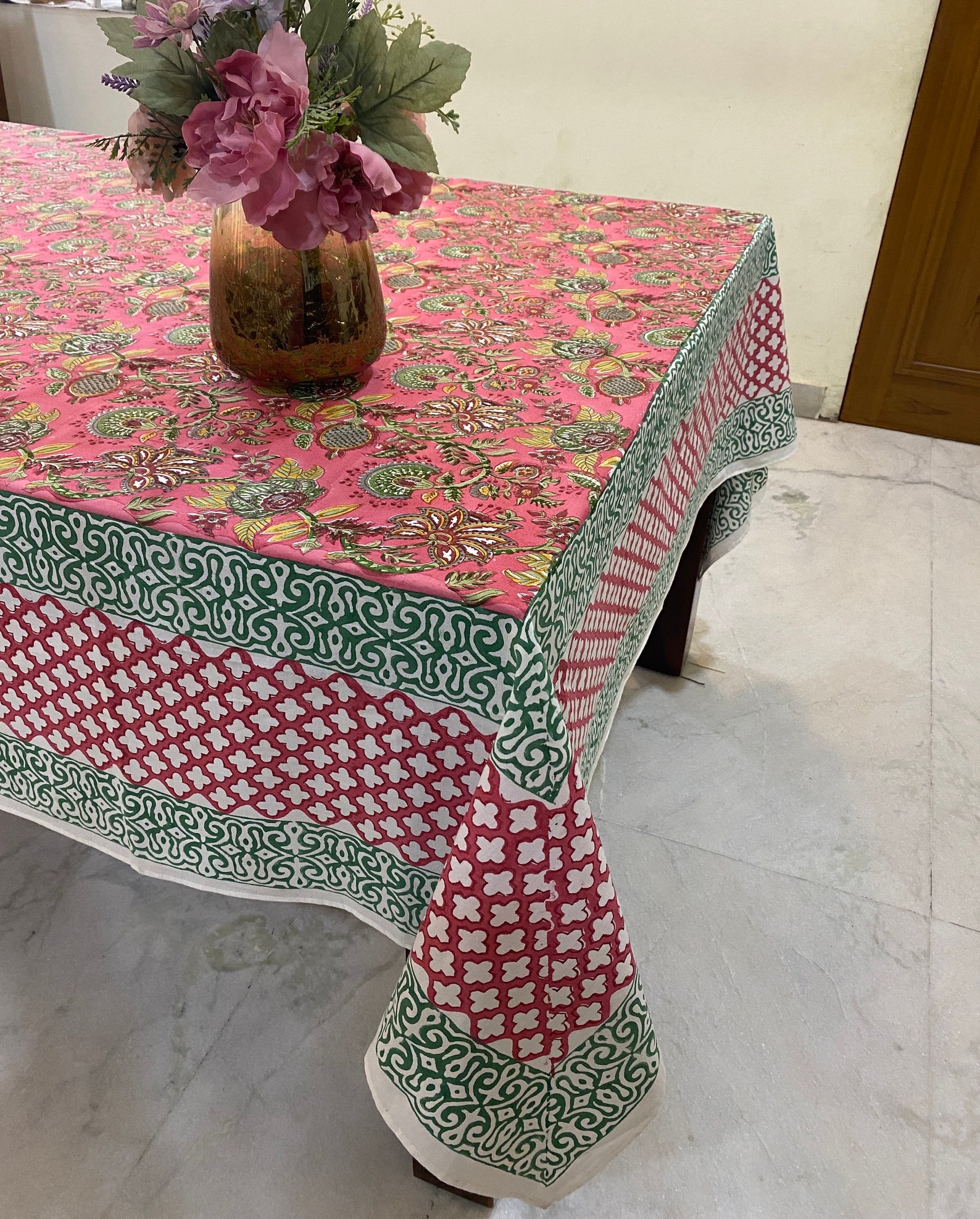 Coral Pink Forest Green Table Cover Floral Design Hand Block Etsy