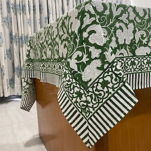 Pantone Artichoke Green and White Indian Floral Hand Block Printed Cotton Cloth Tablecloth, Table Cover for Farmhouse Wedding Events Home