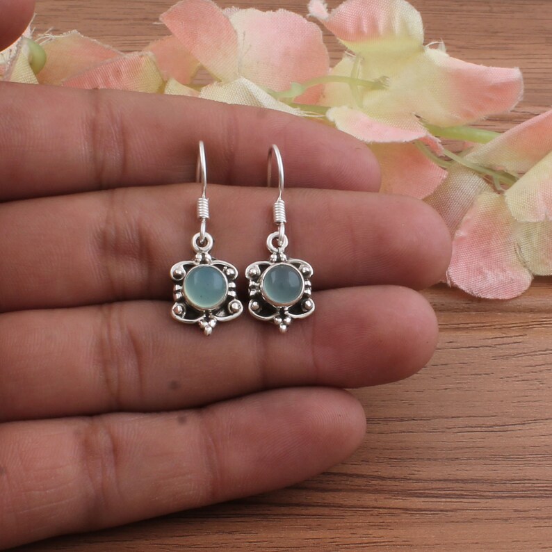 Aqua Calci Top Quality Boho Silver Earring,Cabochon Round Earring,925 Sterling Silver Earring,Opaque Earring For Women Earring Gift For Her