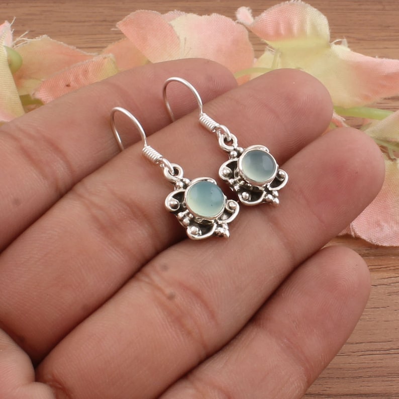 Aqua Calci Top Quality Boho Silver Earring,Cabochon Round Earring,925 Sterling Silver Earring,Opaque Earring For Women Earring Gift For Her