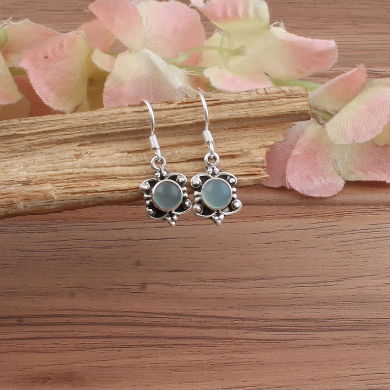 Aqua Calci Top Quality Boho Silver Earring,Cabochon Round Earring,925 Sterling Silver Earring,Opaque Earring For Women Earring Gift For Her