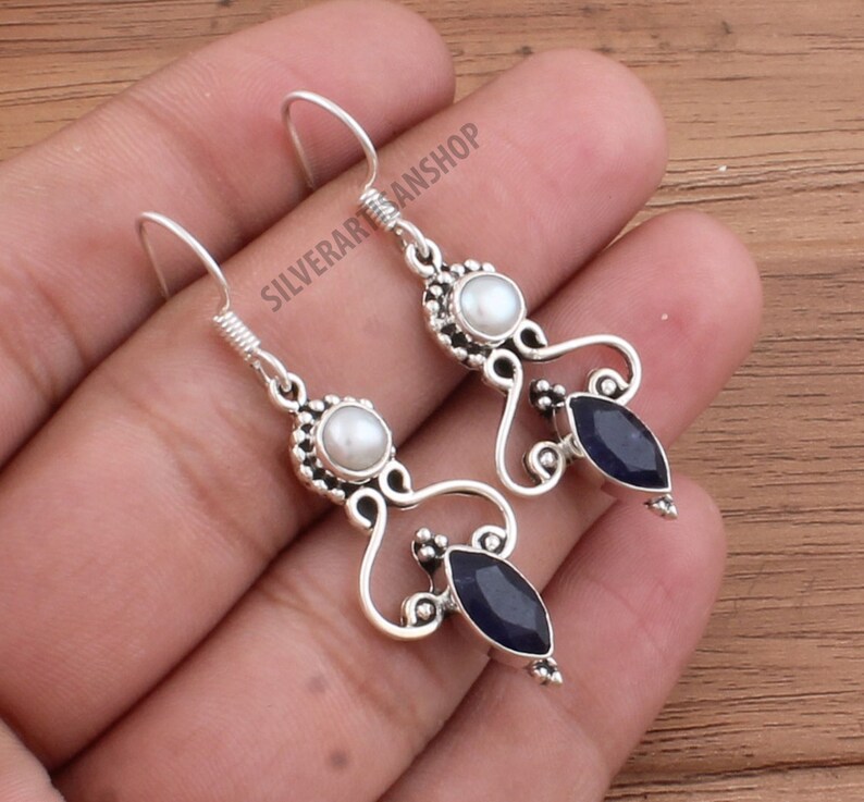 Designer Dangle Earrings Handmade Earring 925 Sterling Silver Blue Sapphire /& Pearl Gemstone Earrings Women Wedding Jewelry -Gift Idea