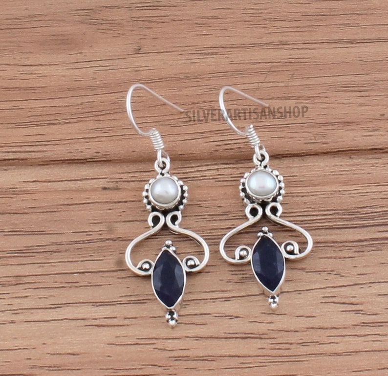 Designer Dangle Earrings Handmade Earring 925 Sterling Silver Blue Sapphire /& Pearl Gemstone Earrings Women Wedding Jewelry -Gift Idea