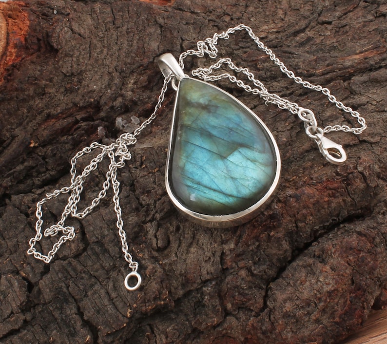 Labradorite Boho Silver Necklace 925 Sterling Silver Labradorite