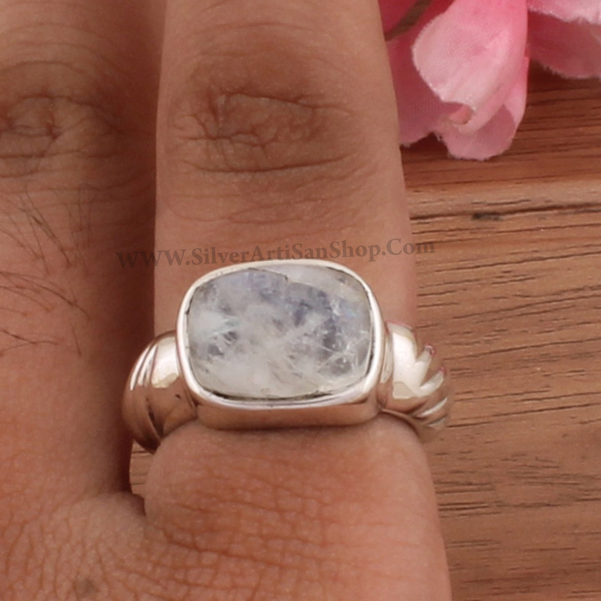 Rainbow Moonstone RingBlue Fire Stone Ring 925 Sterling Solid Etsy