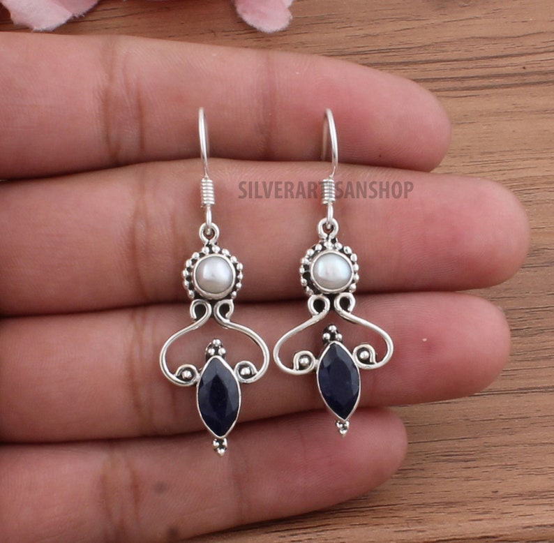 Designer Dangle Earrings Handmade Earring 925 Sterling Silver Blue Sapphire /& Pearl Gemstone Earrings Women Wedding Jewelry -Gift Idea
