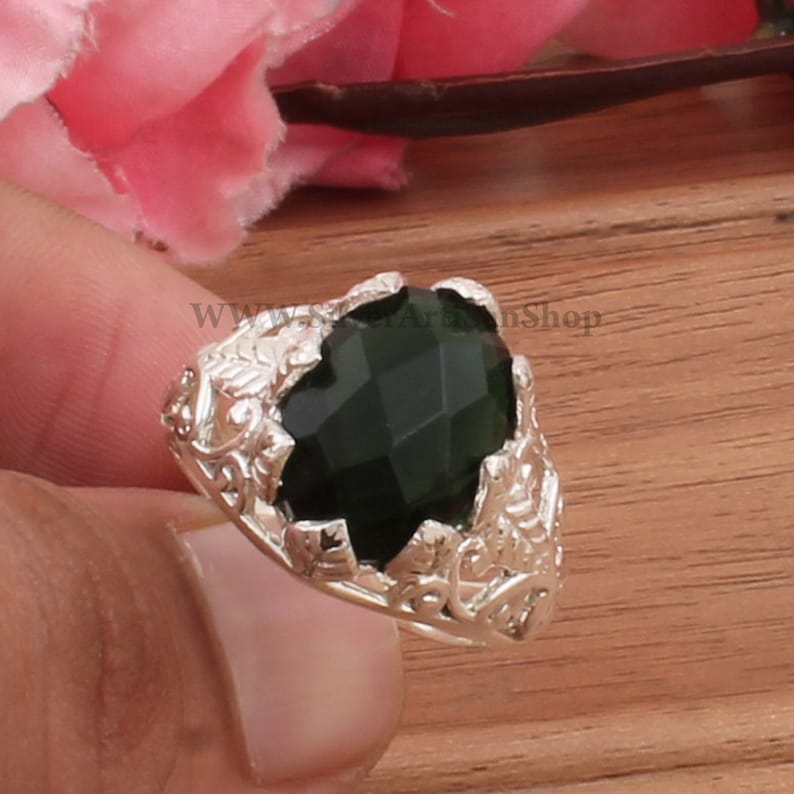 Leaf Ring-Green Onyx Ring Sterling Silver 925 Solid Silver Ring-Three Leaf Design Ring-Green Onyx Semi Precious Ring-Gift Item Rings