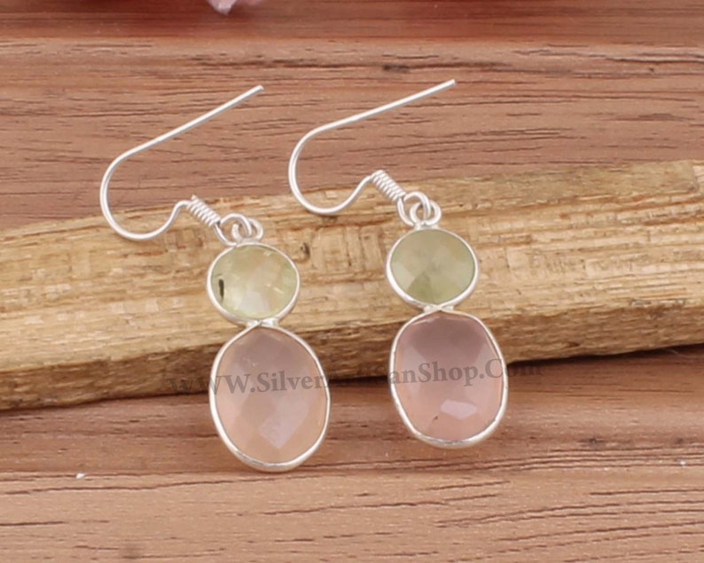 Bejal Earring-Boho Solid Silver Earring-Rose Quartz With Prehnite Top Quality Gemstone Earring-Two Stone Earring Daily Use Earring For Mom