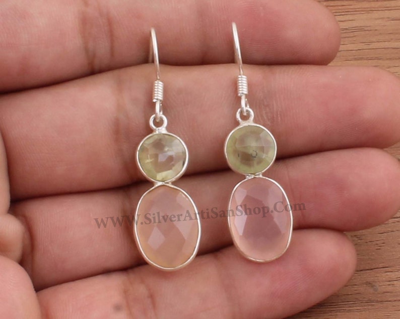 Bejal Earring-Boho Solid Silver Earring-Rose Quartz With Prehnite Top Quality Gemstone Earring-Two Stone Earring Daily Use Earring For Mom