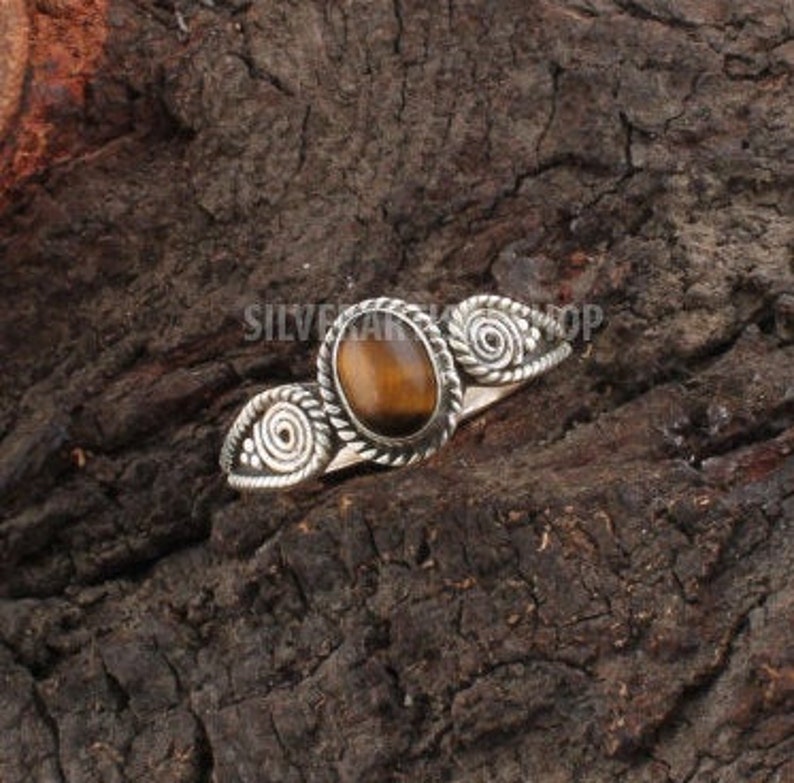 Natural Tigereye Semi Precious Stone Boho Silver Ringoval Etsy