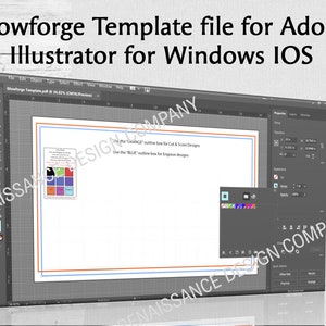 Puede incluir: Una captura de pantalla de una pantalla de ordenador que muestra el software Adobe Illustrator con un archivo de plantilla de Glowforge abierto. La plantilla tiene dos cuadros, uno naranja y otro azul, con instrucciones para usar el cuadro naranja para diseños de corte y puntuación y el cuadro azul para diseños de grabado.