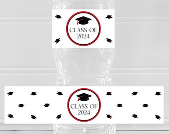 Black & Red Graduation Water Bottle Wrappers, Printable Graduation Party Table Decorations, High School Or College Graduation, Instant