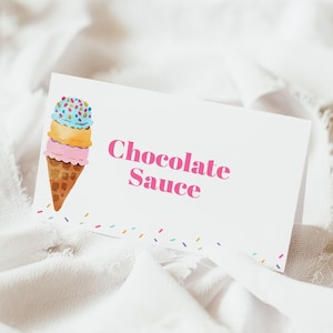 Tarjeta de comida de helado editable, tarjeta de buffet de helado, decoraciones de cumpleaños de helado imprimibles, tarjetas de lugar, tarjetas de mesa de comida de buffet, Corjl