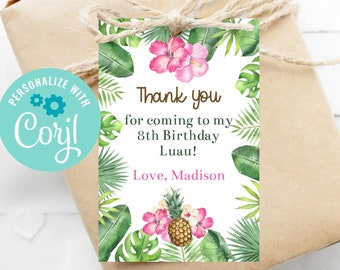 Editable Luau Favor Tag, Thank You Tag, Luau Party, Luau Birthday, Luau Decorations, Baby Shower, Bridal Shower, Printable Tag, Corjl, Aloha
