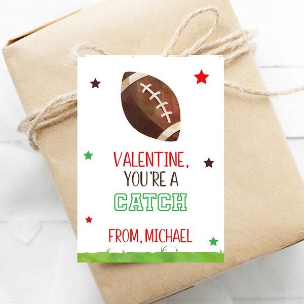 Editable Football Valentines Day Tag, Printable Sports Valentine, Boys Valentine, Class Valentines For School Gifts, You're A Catch, Corjl