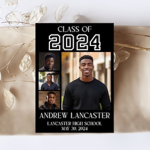 Editable Black & White Class Of 2024 Announcement Template Printable Male High School Graduation Invite College Grad Invitation Corjl GR100