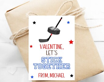 Printable Hockey Valentines Day Tag, Editable Sports Valentine, Boys Valentines, Class Valentines For School, Let's Stick Together, Corjl