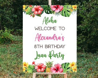 Editable Luau Birthday Welcome Sign Template, Printable Tropical Hawaiian Party Decorations, Retirement Party, Hibiscus Party, Corjl, HLRP